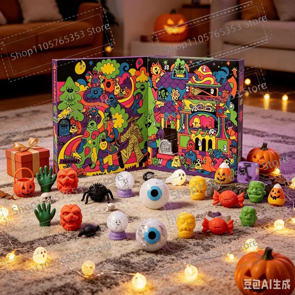 Halloween-Squishy-Adventskalender-Stressabbau-Geschenkbox mit einem lebhaften psychedelischen Design, bunten Cartoon-Monstern und gruseligen Szenen auf der Vorderseite.