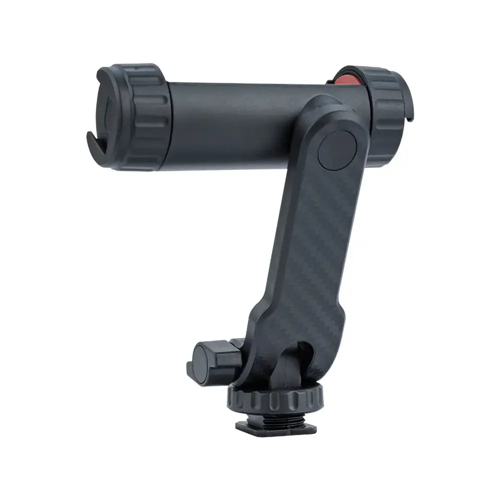 Black adjustable phone tripod mount with 360 rotating dual cold shoe features a carbon fiber texture and knurled grips.