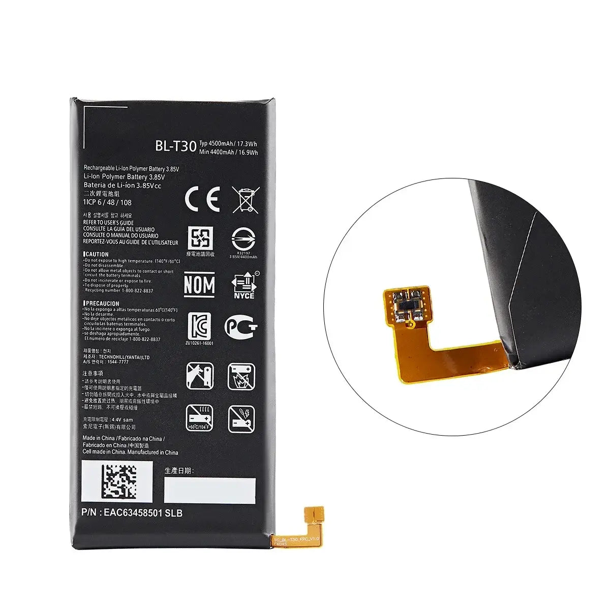 black rectangular bl-t30 lithium-ion polymer battery with gold-colored flexible circuit connectors for original bl-t30 battery compatible with lg x power 2 m320f m320n m322 l64vl m320f m320n power2 l64vl m320f models