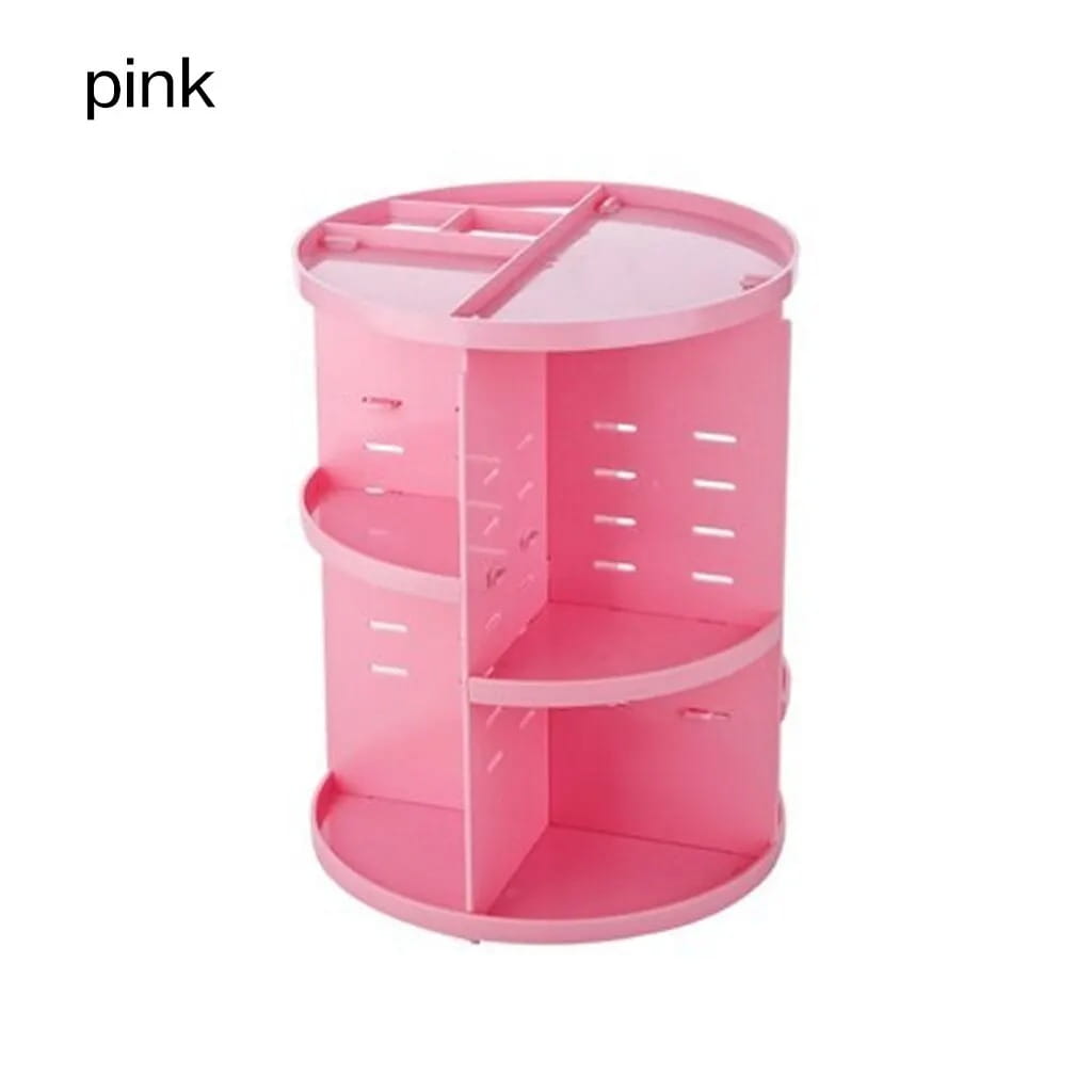 Organisateur de maquillage tournant en plastique rose à plusieurs niveaux, avec stockage cosmétique à 360 degrés pour un rangement efficace des produits