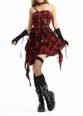 Dark Gothic Asian Culture Lace Punk Girl Style Dress with Sweet and Cool Y2K Red Checkered Performance Outfit cosplay