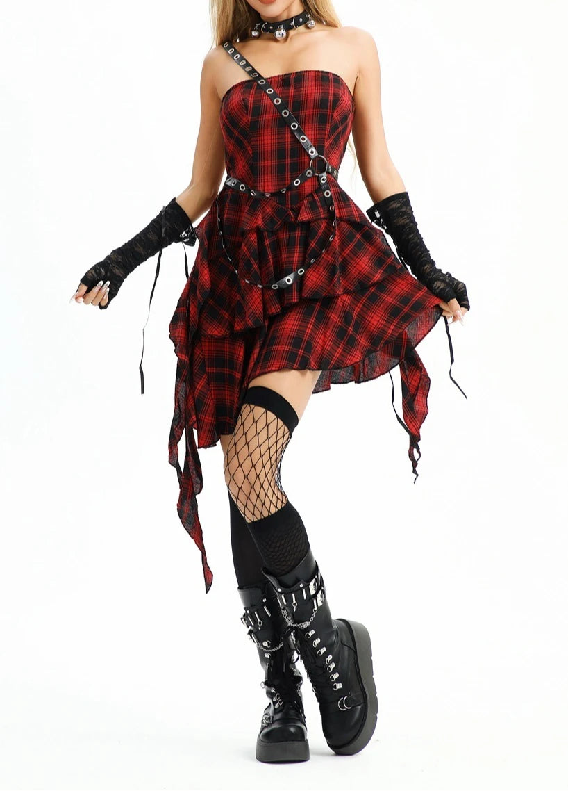 Dark Gothic Asian Culture Lace Punk Girl Style Dress with Sweet and Cool Y2K Red Checkered Performance Outfit cosplay