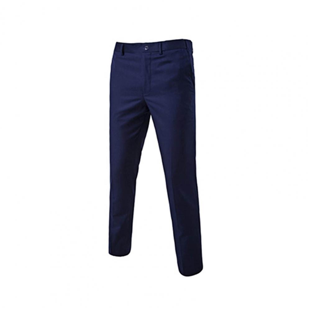 Pantalones de vestir de color azul marino para hombre con un ajuste entallado y pliegues sutiles, como parte de un conjunto de traje formal de hombre de color sólido, chaqueta de manga larga y pantalones, que muestra el largo ideal de los pantalones para ocasiones formales