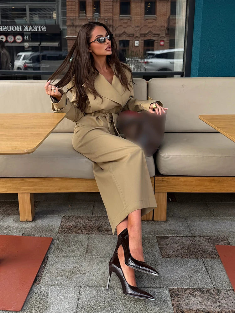 Women Short Trench Co‑ord Outfit Notched Collar Waist Tie Jacket High Waist Midi Skirt Set Trendy Daily Going Out Ofdice Outfit