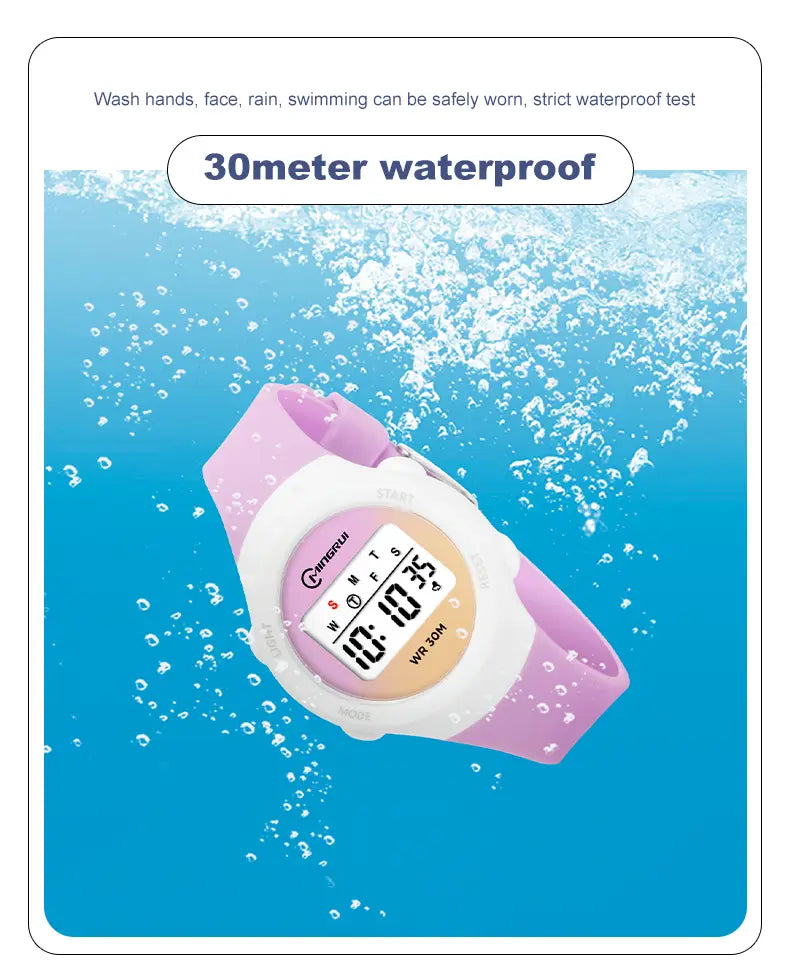 Kids waterproof digital sports watch purple with pink and white silicone strap and round face displaying time and date.