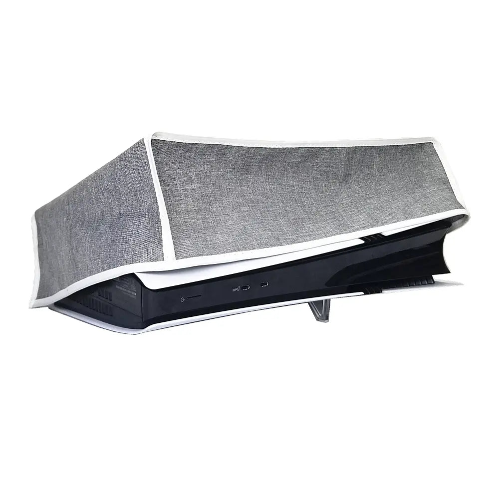 gray textured oxford cloth cover with white trim designed to fit over the ps5 pro console as a horizontal dust cover