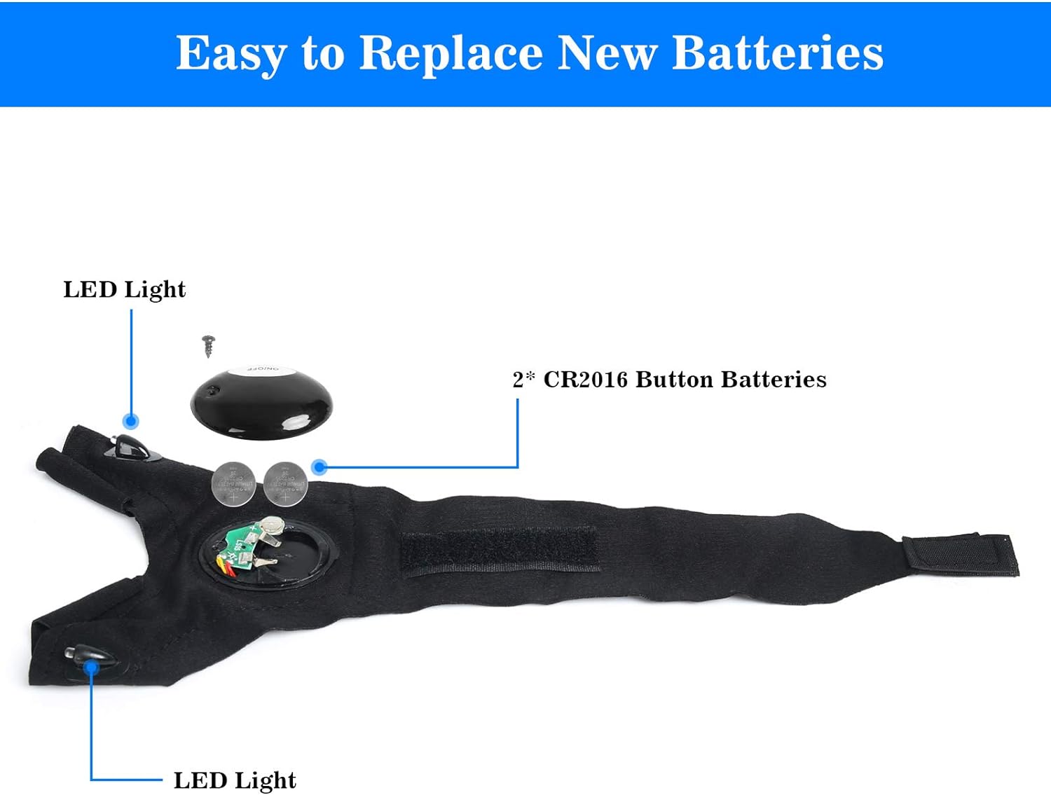 Schwarzes Stoff-Wristband mit zwei LED-Lichtern und kreisförmigem Gehäuse für die Leiterplatte für LED-Taschenlampen-Handschuhe, ausgelegt für das Angeln in der Nacht im Freien
