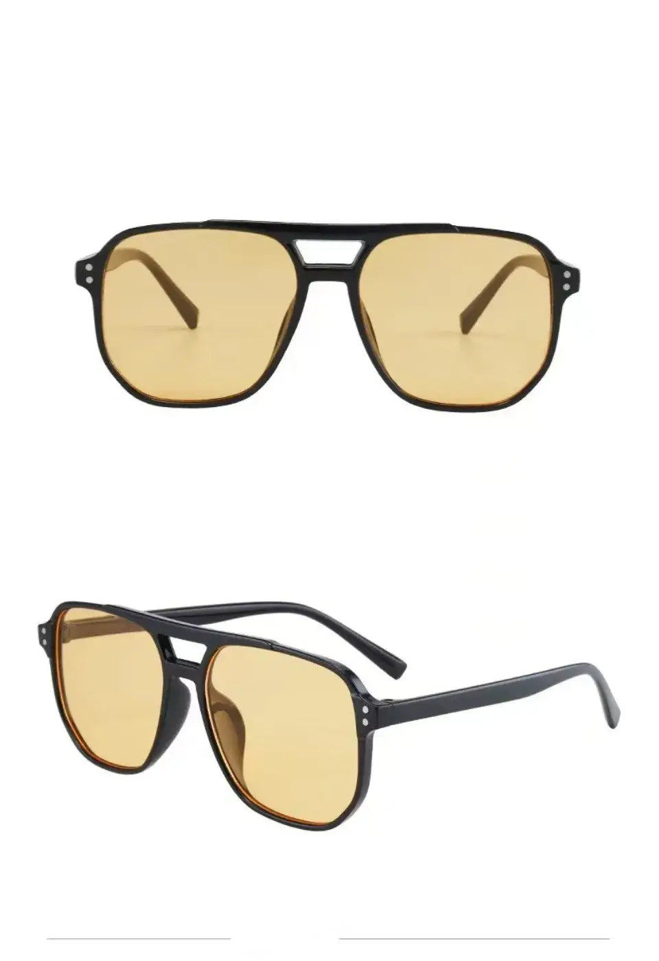 Vintage square sunglasses uv400 unisex black frame in a sleek modern design featuring black aviator style with amber tinted lenses.