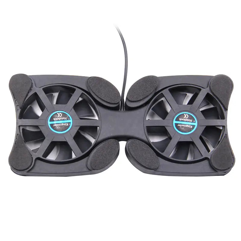 Black dual-fan laptop cooling pad with matte plastic housing and soft rubber pads designed as a portable USB stand for improved cooling efficiency.