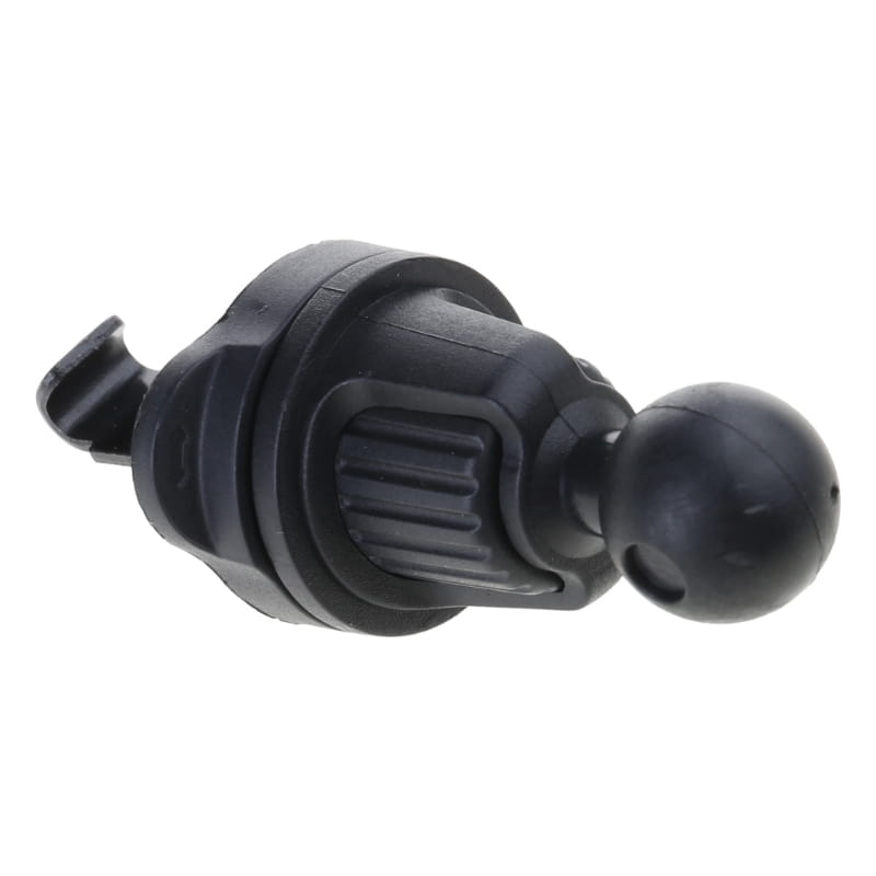 support universel de téléphone en plastique noir avec articulation à bille de 17 mm et pince réglable, conçu pour une fixation sur la grille d’aération de la voiture.