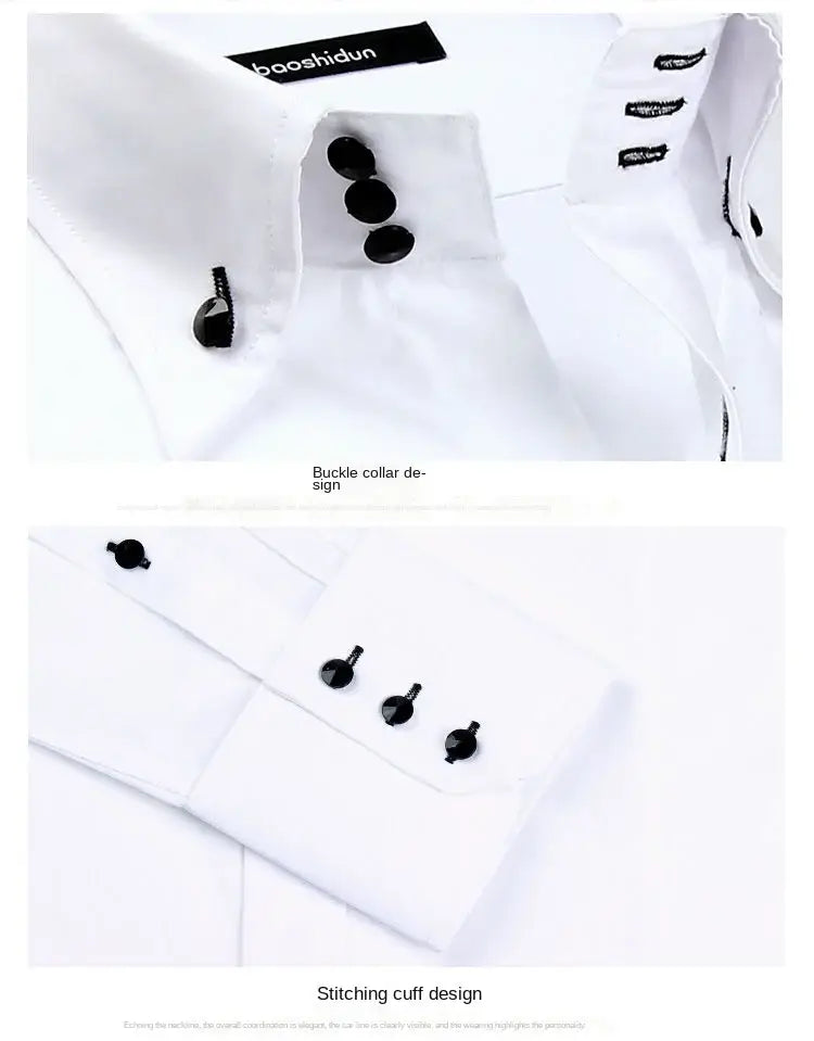 Men slim fit long sleeve dress shirt in white featuring black buttons and a buckle collar design.