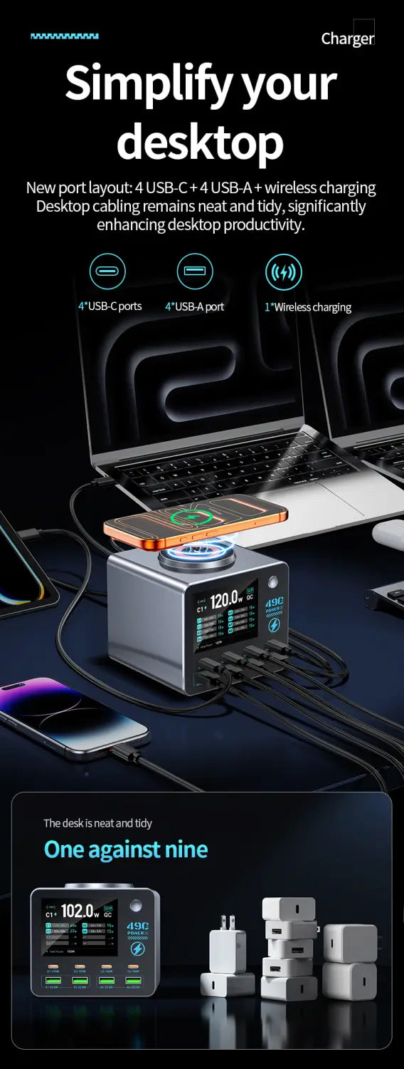 Silver metallic 140w 9-port smart gan desktop charger featuring four usb-c ports, one usb-a port, and a wireless charging pad.