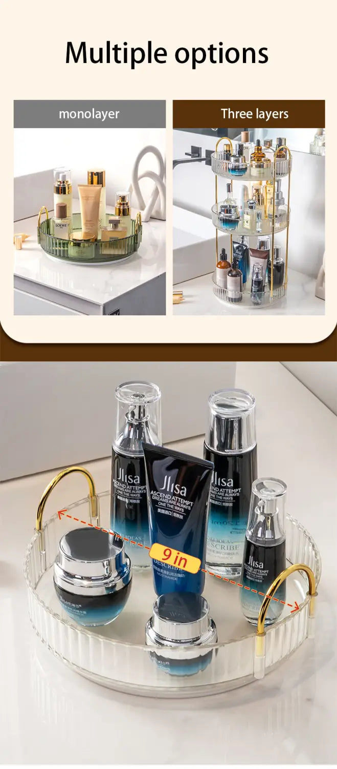 Klare, runde Glasschale mit geripptem Rand und goldfarbenen Metallstangengriffen, ausgelegt für die große Aufbewahrung mehrerer Kosmetikflaschen in einem drehbaren Make-up-Organizer mit drei Ebenen.