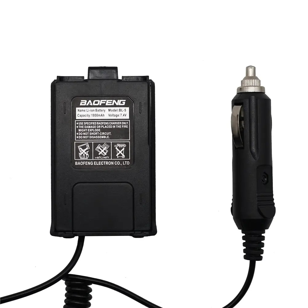 Black Baofeng BL-5 Li-ion battery with 180mAh capacity and 7.4V voltage paired with a matching black car charger adapter for UV5R walkie talkie accessories and car charger battery eliminator.