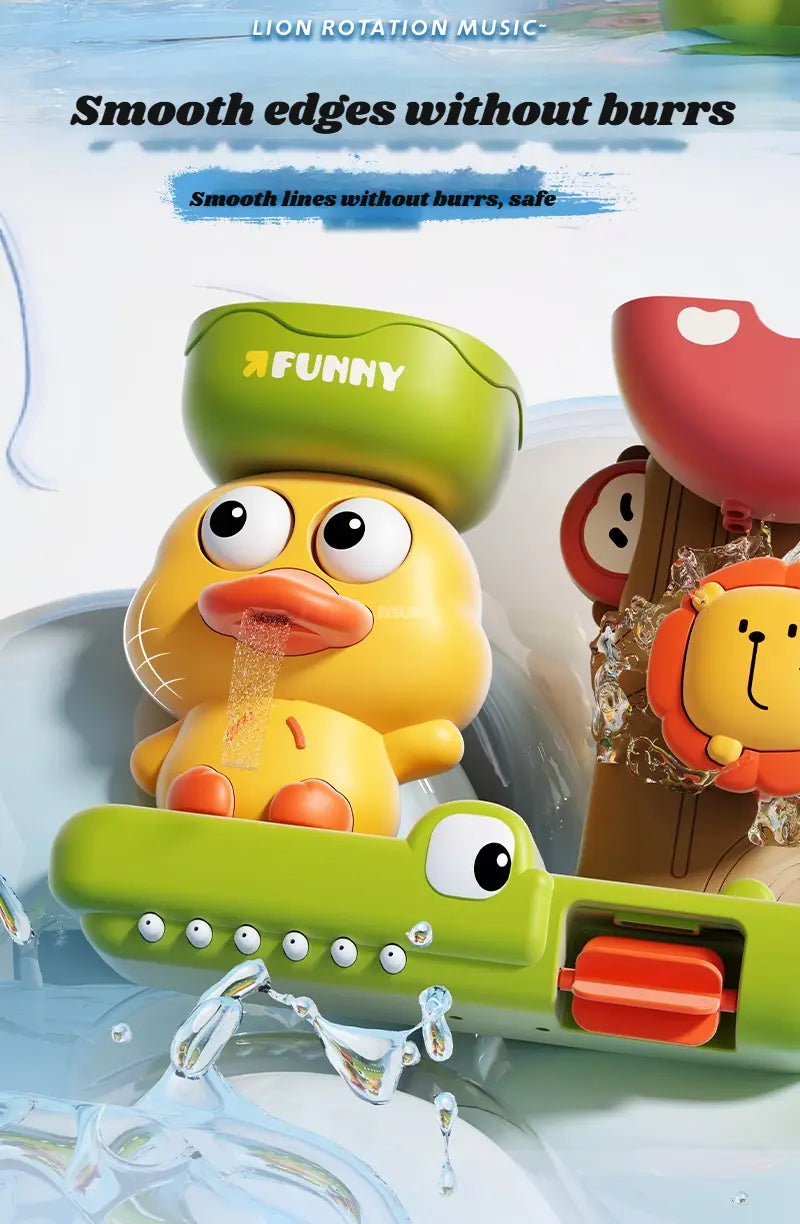「duck waterwheel bath toy suction cup kids tub set」の一部として、緑のシェフ帽とオレンジのくちばしを備えた、なめらかなプラスチックの縁の黄色いアヒル型バストイです。