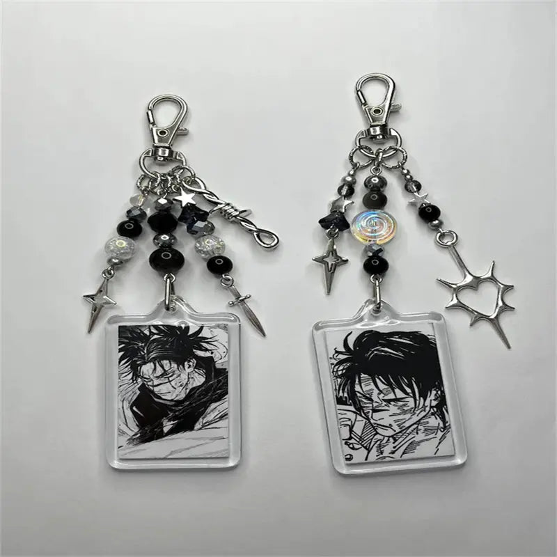black and silver choso y2k anime beaded acrylic keychains featuring clear acrylic photo frames, metallic charms, and beaded accents.