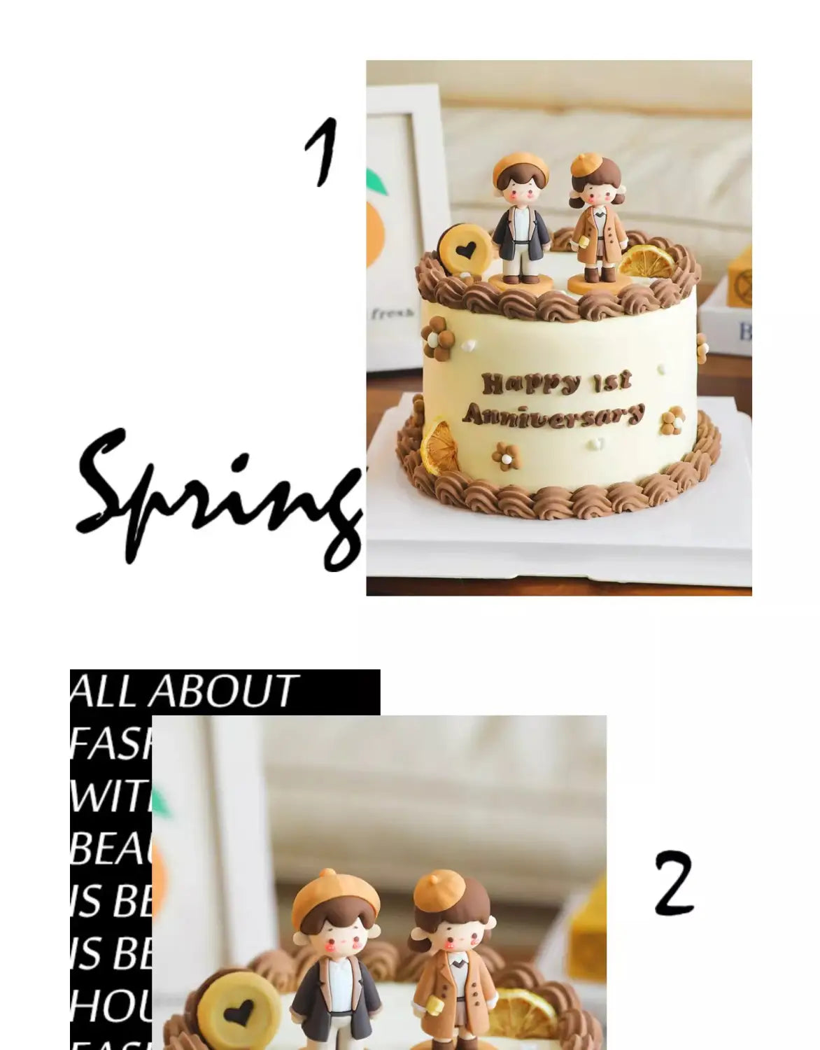 Un charmant sujet de gâteau pour couple en PVC blanc, décoré de tourbillons de glaçage brun, de fleurs délicates et de figurines portant des bérets assortis pour la décoration d’anniversaire de la Saint-Valentin.