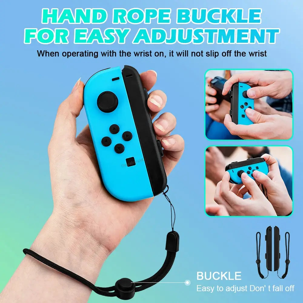 Par de correas para muñeca de cuerda para la mano de color azul para Nintendo Switch Joy-Con, con una correa negra ajustable y hebilla de plástico para un uso de juego seguro.