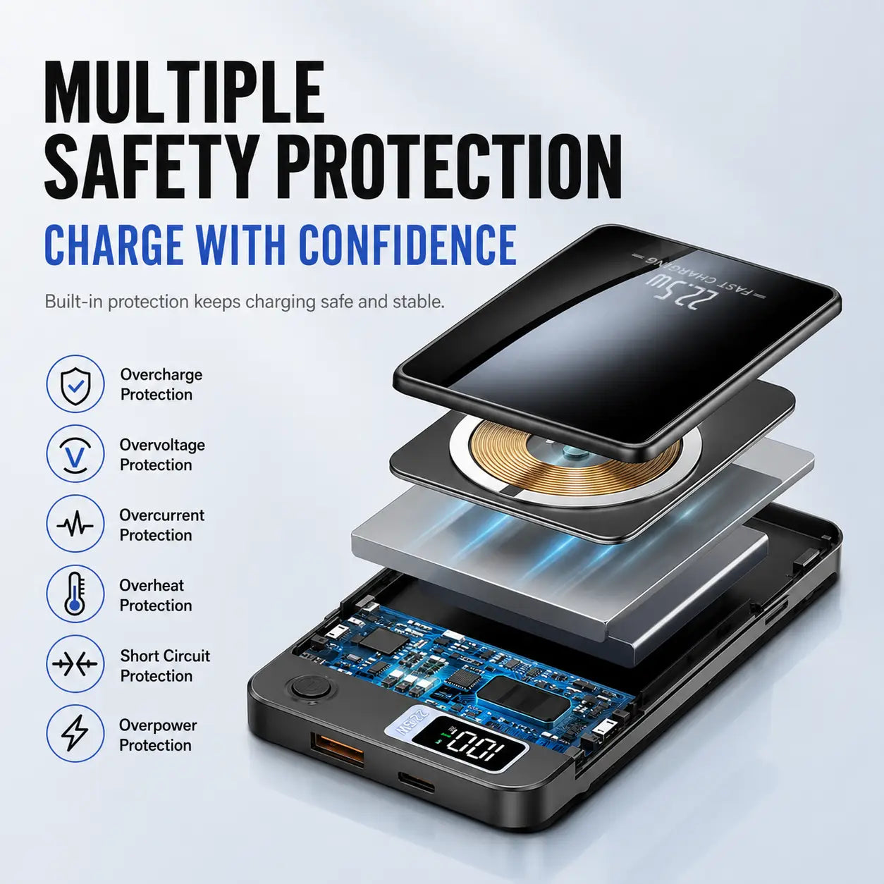 Banco de energía magnético negro de 20000 mAh con carga inalámbrica, pantalla digital y múltiples funciones de protección de seguridad para una carga rápida.
