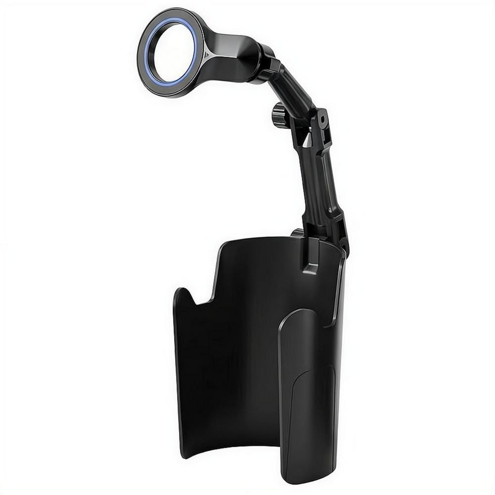 Lampe grossissante réglable noire avec lentille circulaire et bras articulé, présentée avec un support de téléphone pour porte-gobelet magnétique doté d’un aimant puissant.