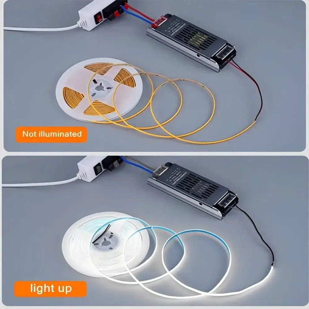 Iluminación de tira LED ultrafina de 3 mm con COB regulable para decoración doméstica DIY, mostrada en estados flexible sin encender y encendida, con cabezal DC y conector de 2 pines incluido.