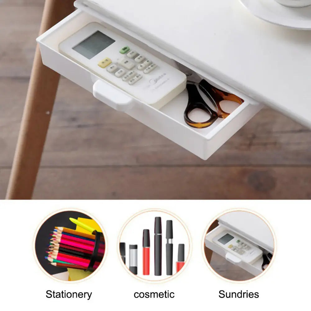 Boîte de rangement en plastique ABS blanche pour organisateur de tiroir sous bureau, contenant une télécommande et des ciseaux