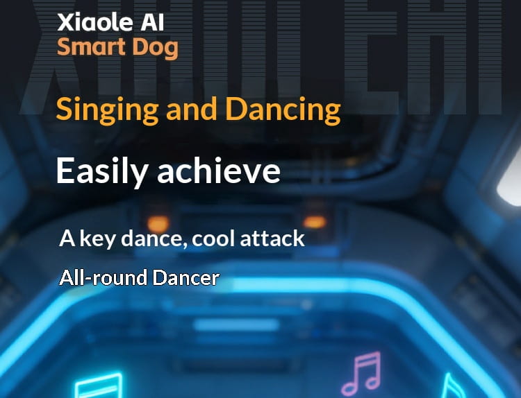 xiaole ai smart robot dog with glowing blue and pink neon accents designed for interactive singing and dancing electronic pet.