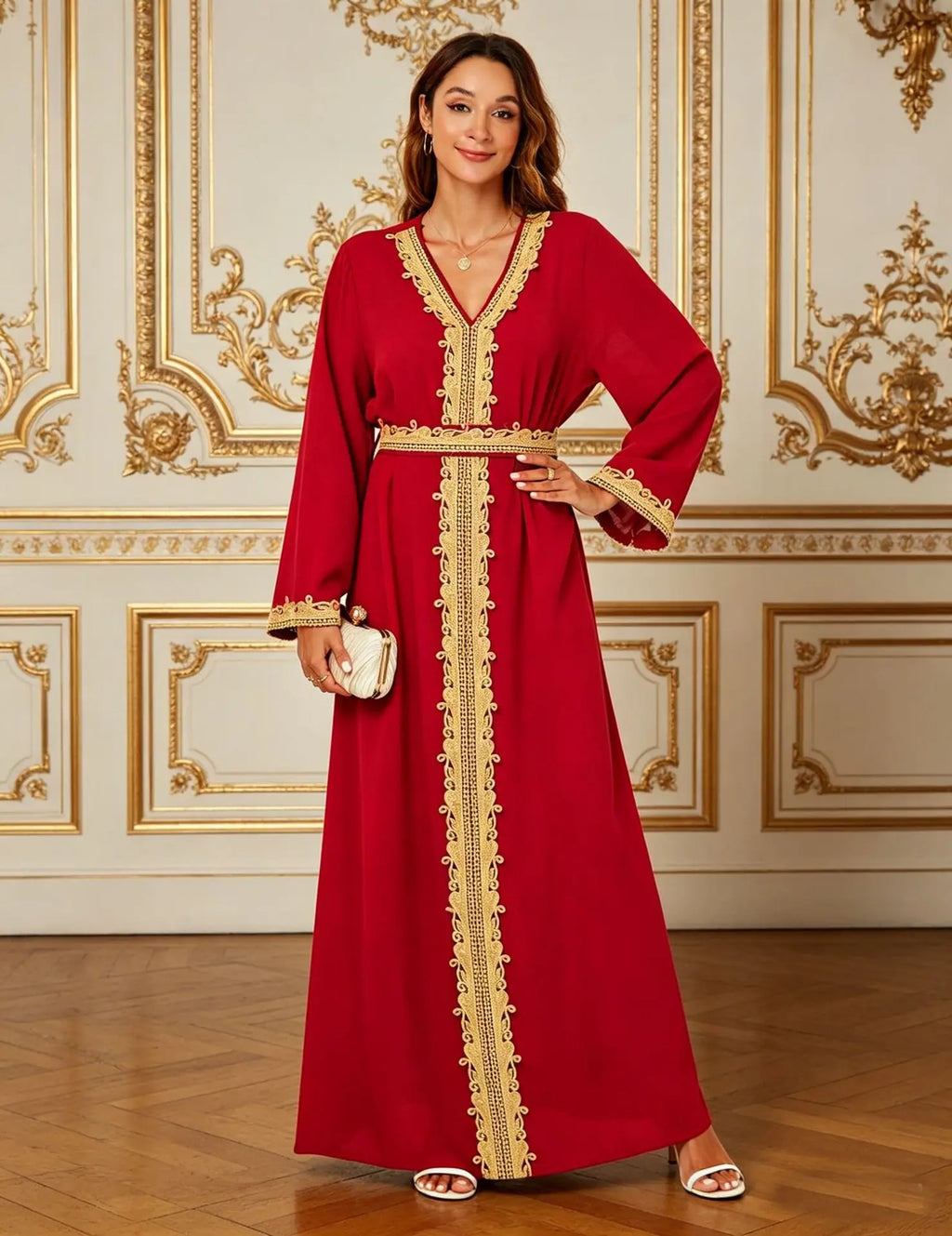 Gold Thread Lace Embroidery V-neck Waist Tied Dress Luxurious Elegant Ethnic Style Dignified Daily Gatherings Long Sleeved Robe