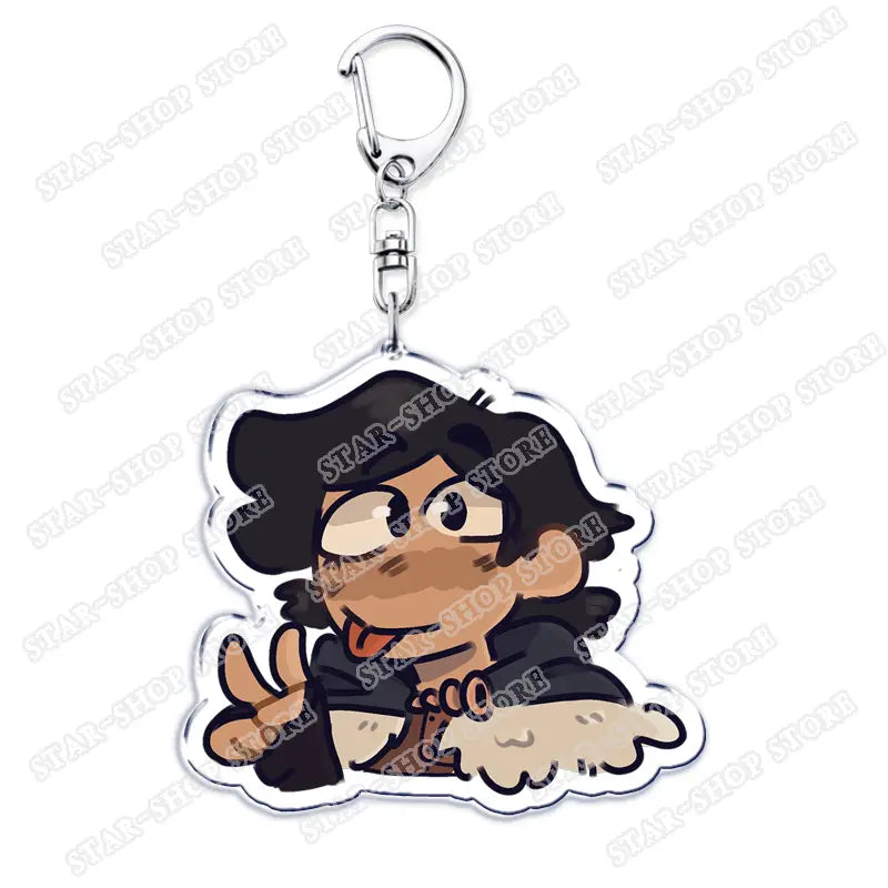 Clear acrylic Amphibia anime keychain featuring a cartoon character with black hair, glasses, and a peace sign gesture.
