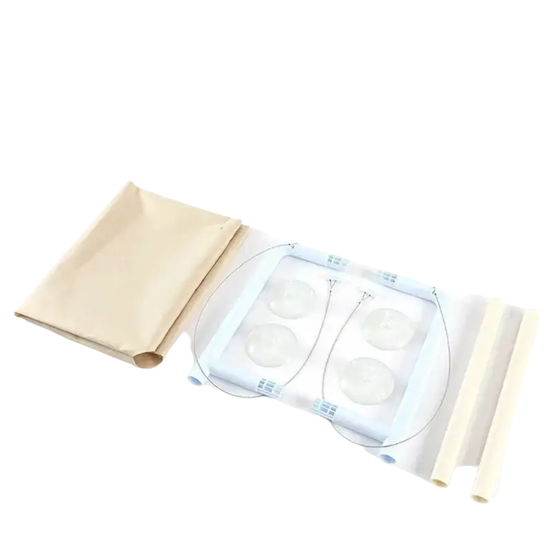 Front view of light blue pet cat hammock aerial with clear suction cups beige fabric panels and metal wires