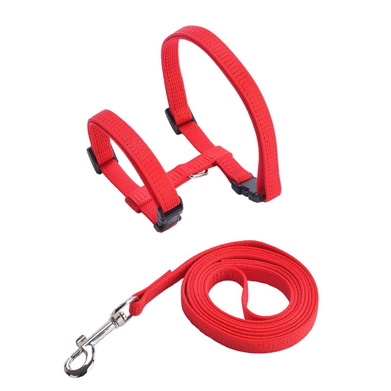 Verstellbares Nylon-Katzengeschirr- und Leinen-Set aus rotem gewebtem Stoff mit schwarzen Kunststoffschnallen und einem silbernen Metallverschluss.