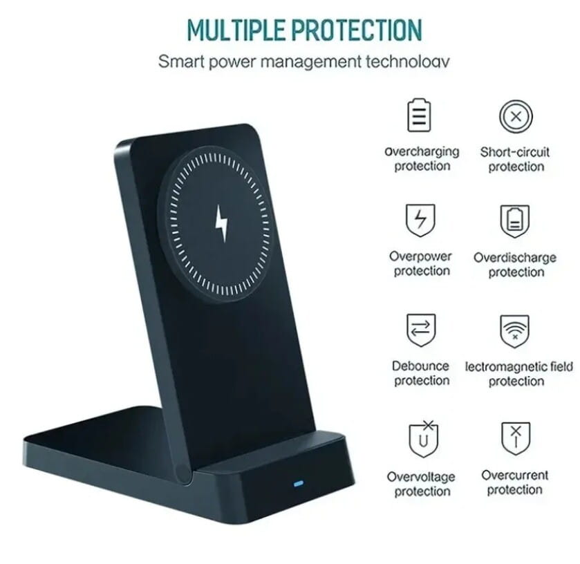 Cargador inalámbrico negro de 15 W con soporte abatible magnético para teléfono, que incluye una almohadilla de carga inalámbrica circular con un símbolo de rayo blanco y un diseño de anillo magnético.