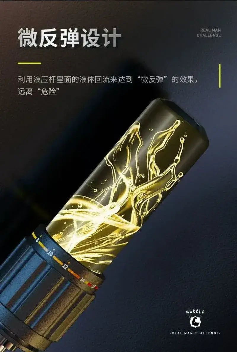 黒い円筒形の油圧ショックアブソーバーに、金色の液体と質感のあるグリップを備え、油圧パワーツイスター胸・腕エクササイザーの目盛り表示を特徴とします。