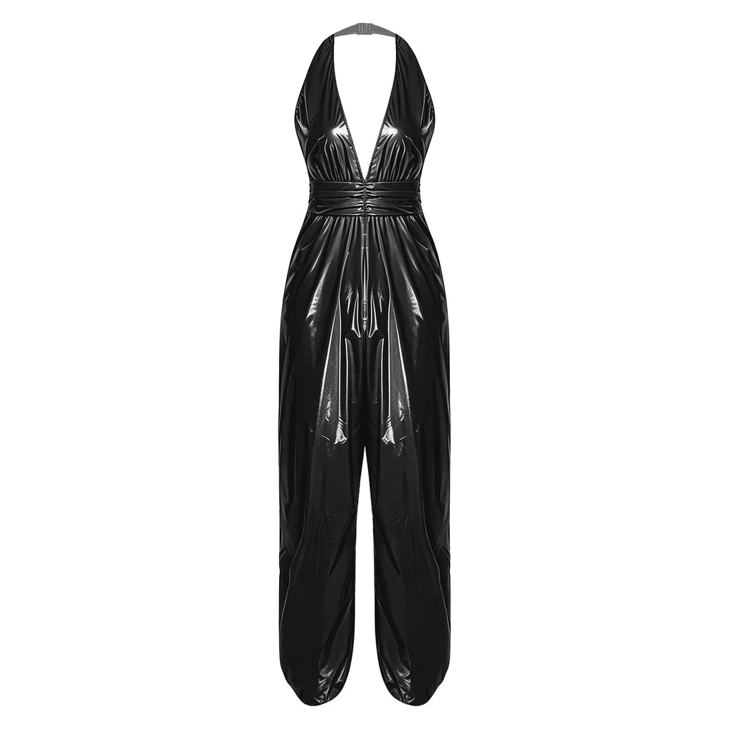 Womens Water Resistant Jumpsuit Halter Backless Ruched Waist Back Side Split Bodysuit Romper for Club Pole Dance Carnival Party