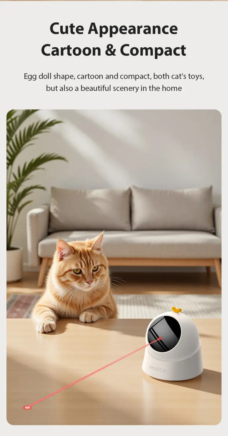 White egg-shaped interactive laser cat toy with a small yellow antenna and red laser pointer visible from the front.
