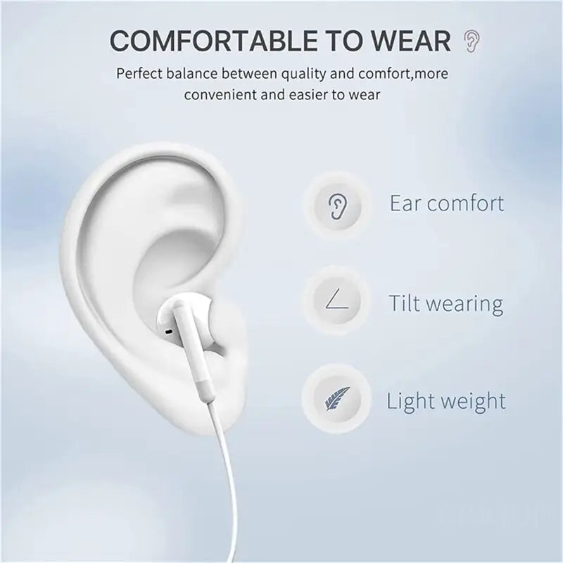 auriculares blancos con cable para inserción en el oído, con micrófono, que presentan un diseño minimalista y elegante y almohadillas suaves para el oído que permiten un uso cómodo