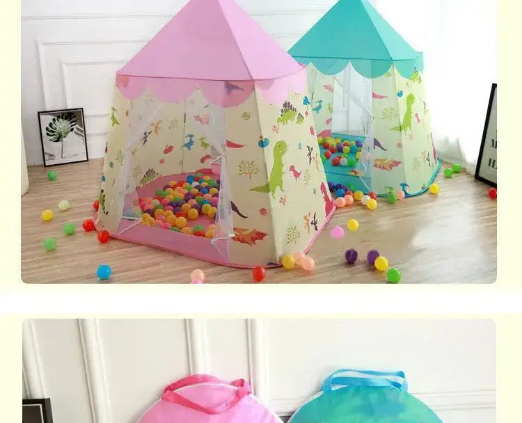 Tentes de jeu pour enfants dinosaures roses et turquoise avec côtés en maille remplis de balles en plastique colorées, conception de château pliable portable.