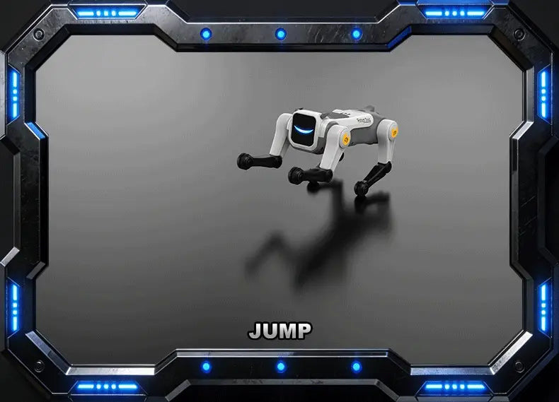 robot dog remote control toy in white and black with yellow joints and glowing blue eyes featuring a sleek futuristic design and compact product size.