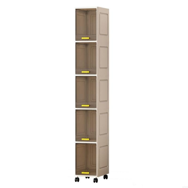 beige schmaler rollbarer Aufbewahrungsschrank mit 5 Ebenen aus Kunststoff, mit transparenten Schubladen und gelben Griffen auf schwarzen Lenkrollen