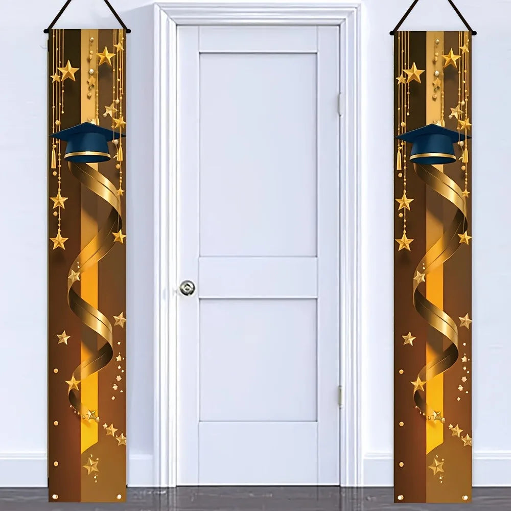Graduation Porch Banner, Blue Gold Grad Cap & Star Curtain for Class of 2026 Graduation Party Front Door Decor