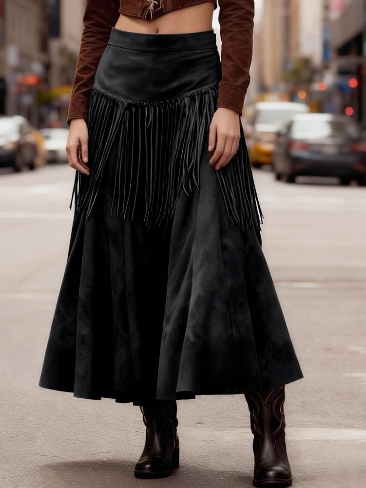 New Ethnic Elegant Solid Tassel Slim Fit Midi Skirt Brown Wide Hem Long Skirt Party Evening Dresses Versatile  Female Clothing