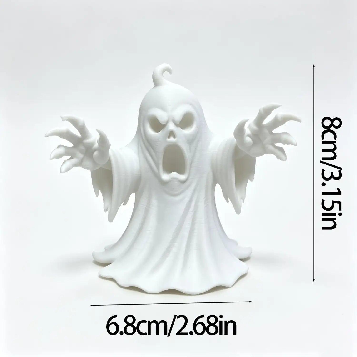 Eine weiße Kunststoff-Geistfigur mit ausgestreckten Armen und schreiendem Gesicht für Halloween-Tischdeko.