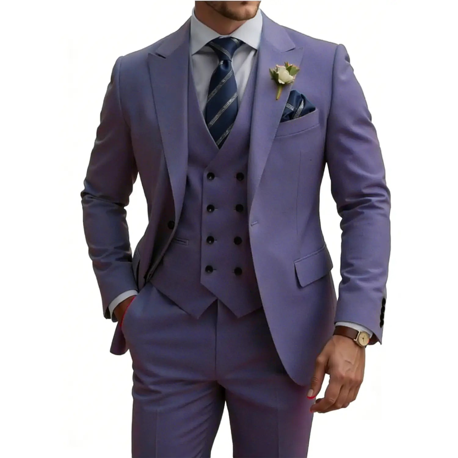 Un costume trois pièces beige lavande, taillé, pour hommes, avec un gilet en double boutonnage et un pantalon assorti, présentant une texture subtile et des lignes de revers élégantes.