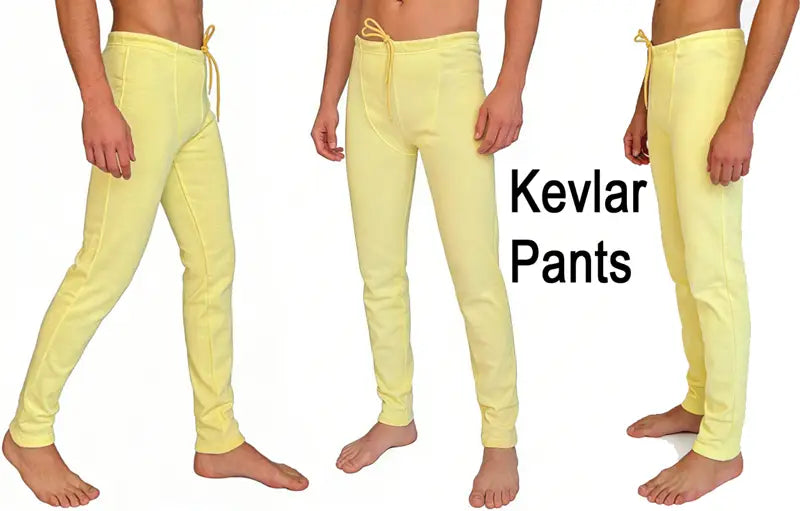 Light yellow kevlar pants with a drawstring waistband designed as breathable protective gear for motorcycle racing gloves use.