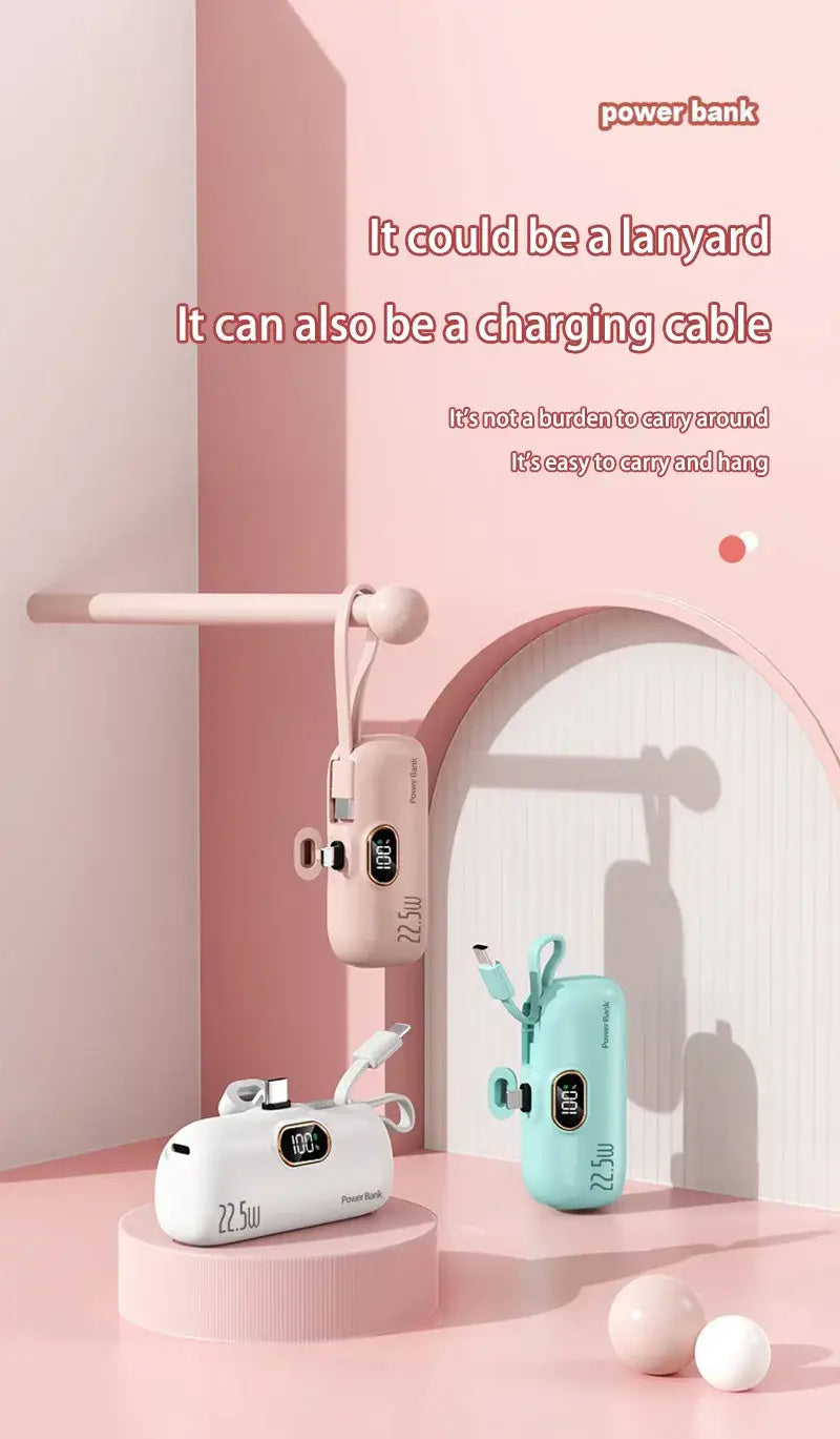 pastel pink and mint green portable power banks with 30000mah battery type and integrated charging cables featuring rounded designs for fast charger use