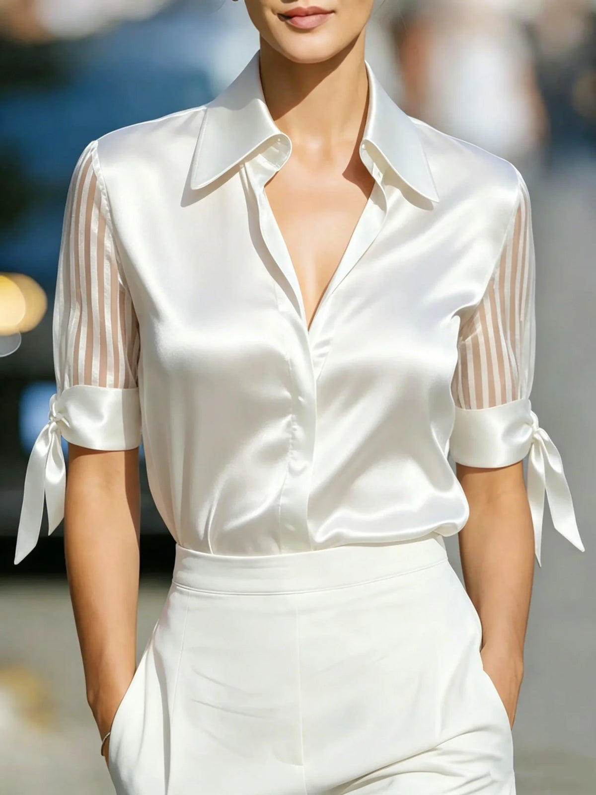 Elegant Satin Blouse with Sheer Striped Sleeves and Tie Cuffs Formal Office Shirt Women White Shirts Casual Office Ladies Wear