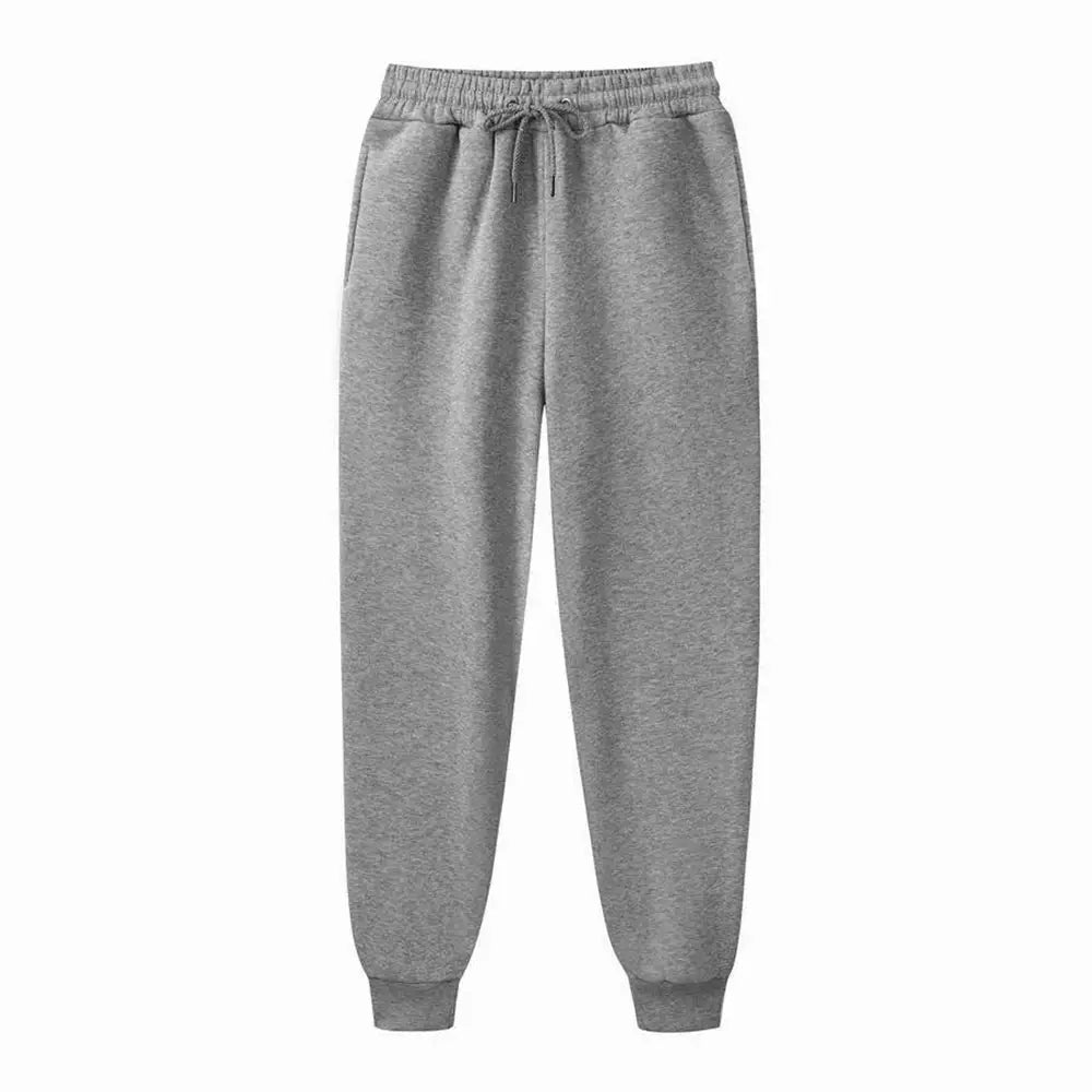 Gray heathered men fleece jogger sweatpants with an elastic waistband and drawstring designed for casual workout wear.