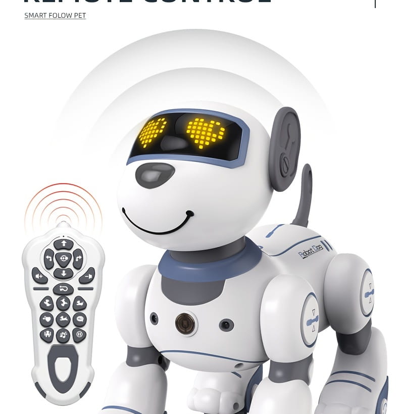 White and gray remote control robotic dog toy with glowing yellow heart-shaped eyes, a smiling face, articulated limbs, and a rechargeable battery for extended play.