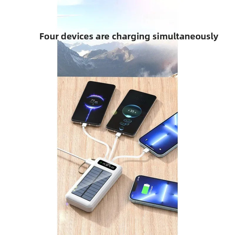 20000mAh Solar Power Bank Large Capacity Mobile Power Fast Charging Battery Dual USB 4 Cables with Mobile Phone Stand