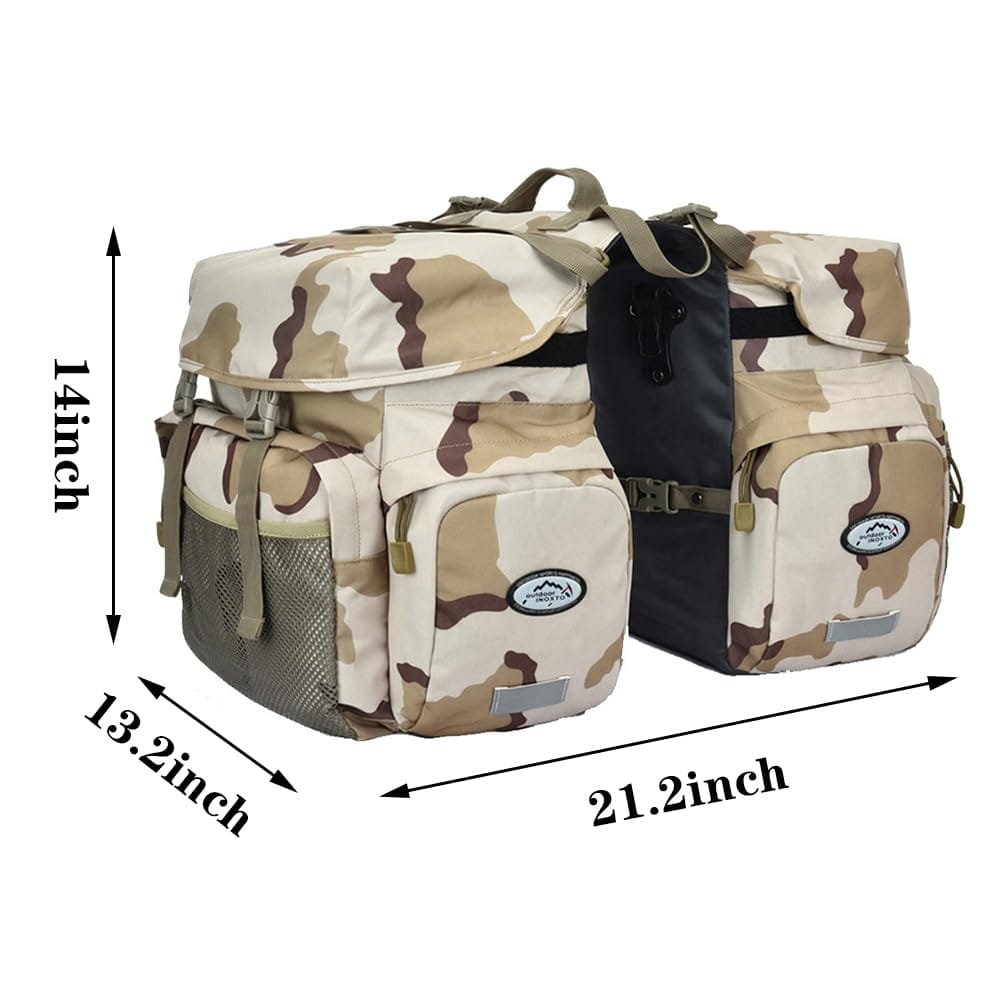 Beige-braune Tarnmuster-Ztz 50l wasserfeste Doppelfahrradtaschen mit Mesh-Seitentaschen und schwarzen Akzentpaneelen.